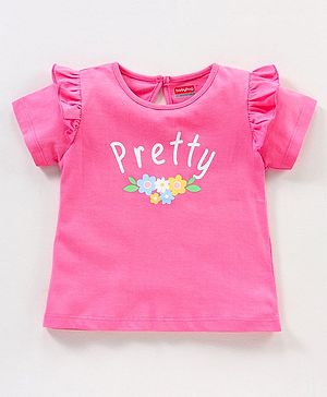 Babyhug 100% Cotton Knit Half Sleeves Graphics & Frill Detailing Tee - Pink