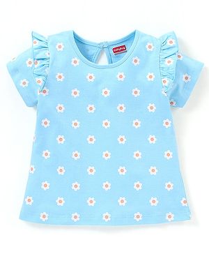 Babyhug 100% Cotton Half Sleeves Tee With Frill Detailing Floral Print- Blue