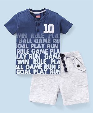 Babyhug 100% Cotton Half Sleeves T-Shirt & Shorts Set Play Game Print - Blue & Melange