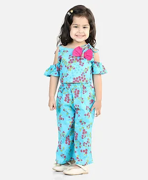 BownBee Cold Shoulder Sleeves Bow Applique Floral Printed Top & Palazzo - Blue