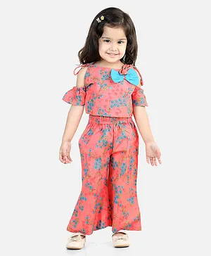 BownBee Cold Shoulder Sleeves Bow Applique Floral Printed Top & Palazzo - Coral Peach