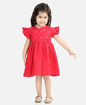 Bownbee 100% Cotton Cap Sleeves Lotus Flower Embroidered Yoke Fit & Flare Dress - Red