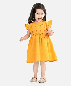 Bownbee 100% Cotton Cap Sleeves Lotus Flower Embroidered Yoke Fit & Flare Dress - Yellow
