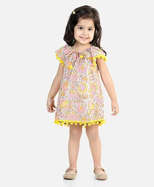Bownbee 100% Cotton Cap Sleeves Seamless Florai Swirl Printed & Pom Pom Lace Embellished Jhabla Dress - Blue
