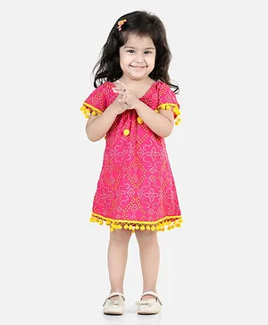 Bownbee 100% Cotton Cap Sleeves Seamless Bandhej Designed & Pom Pom Lace Embellished Jhabla Dress - Pink