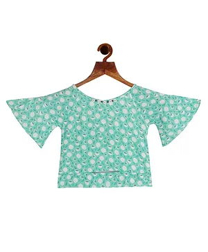 Tiny Girl Three Fourth Bell Sleeves Seamless Lemon Slice & Leaf Printed & Bead Embellished Top - Sea Green