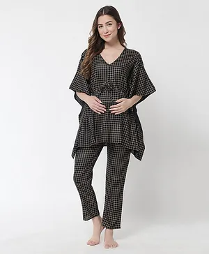 Aujjessa Batwing Half Sleeves Checks Kaftan & Pajama Maternity Sleep Wear - Black