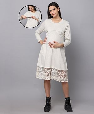 The Mom Store Full Sleeves Floral Lace Embroidered Bottom Maternity & Nursing Sweater Dress  - Off White