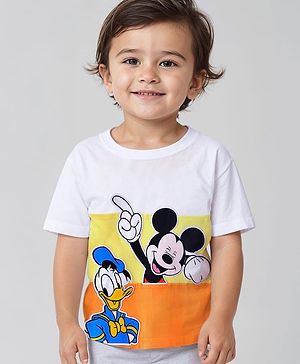 Babyhug Cotton Half Sleeves T-Shirt & Shorts With Mickey Mouse & Donald Duck Print - White