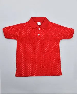 Kiwi 100% Cotton Half Sleeves Polka Dots Printed Polo Tee - Red