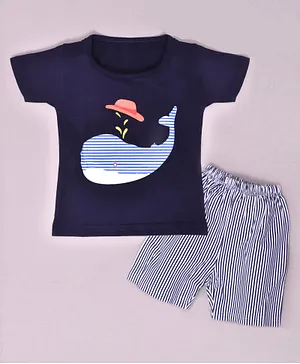 Kiwi Half Sleeves Whale Printed Tee & Pencil Striped Shorts Set - Blue