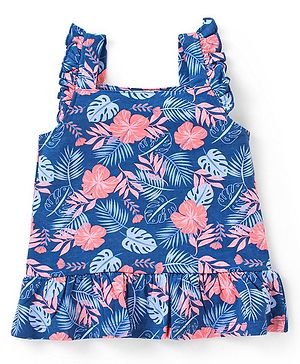 Babyhug 100% Cotton Knit Sleeveless Top With Frill Detailing Tropical Print- Navy Blue
