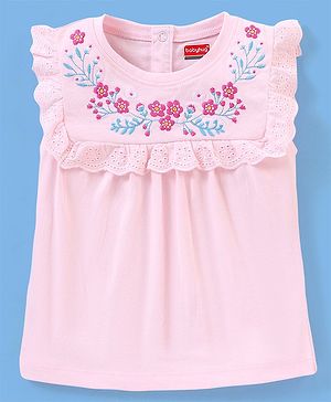 Babyhug 100% Cotton Knit Sleeveless Top with Frill Detailing & Floral Embroidery - Pink