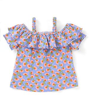 Babyhug 100% Cotton Knit Half Sleeves Top with Frill Detailing Floral Print - Blue