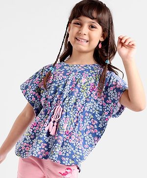 Babyhug 100% Cotton Knit Half Sleeves Kaftan Style Floral Printed Top with Tassel Detailing - Blue