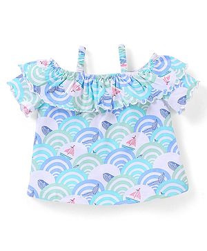 Babyhug 100% Cotton Knit Off Shoulder Sleeves Top With Frill Detailing Sea Waves Print- White & Blue