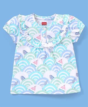 Babyhug 100% Cotton Knit Puffed Sleeves Tee With Frill Detailing Sea Waves Print- White