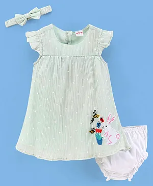 Babyhug 100% Cotton Knit Short Sleeves Bunny Patched Frock with Bloomer & Headband - Light Green