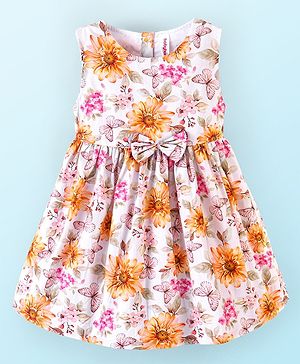 Babyhug 100% Cotton Woven Sleeveless Floral Print Fit & Flare Frock with Bow Applique - White
