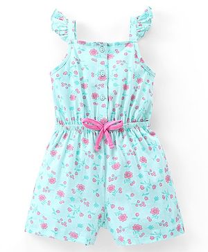 Babyhug 100% Cotton Knit Sleeveless Jumpsuit Floral Print - Mint Blue