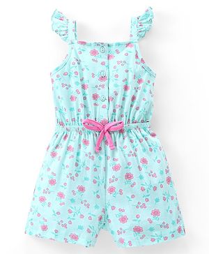 Babyhug 100% Cotton Knit Sleeveless Jumpsuit Floral Print - Mint Blue