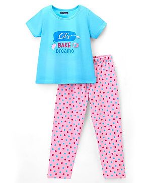 Pine Kids Cotton Half Sleeve Text Print Night Suit - Blue & Pink