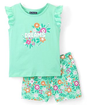 Pine Kids 100% Cotton Half Sleeves Top & Shorts Set Floral Print - Green
