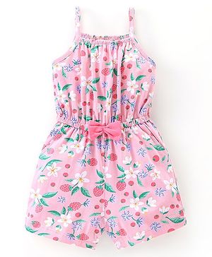 Babyhug 100% Cotton Knitted Singlet Sleeves Jumpsuit Floral Print- Pink