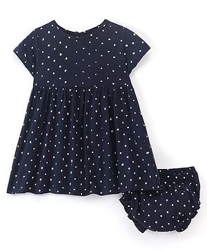 Babyhug 100% Cotton Half Sleeves Frock With Boomer Floral Print- Navy Blue
