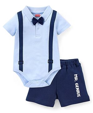 Babyhug 100% Cotton Half Sleeves Onesies with Shorts & Bow Tie - Navy Blue