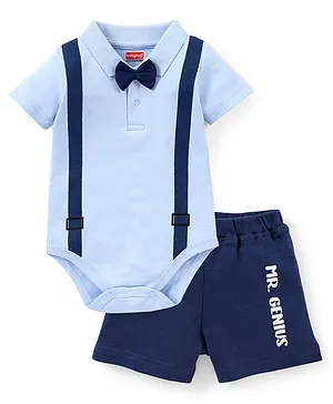 Babyhug 100% Cotton Half Sleeves Onesies with Shorts & Bow Tie - Navy Blue