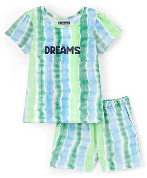 Pine Kids 100% Cotton Half Sleeves Nightwear Shorts Set Dreams Print - Green White & Blue