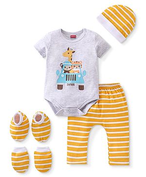 Babyhug 100% Cotton Knit Half Sleeves Onesie with Diaper Pants Cap Mittens & Booties Giraffe Print - Grey & Yellow