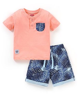 Babyhug 100% Cotton Knit Half Sleeves T-Shirt & Shorts Tropical Print - Peach & Blue