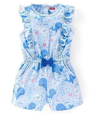 Babyhug 100% Cotton Knit Sleeveless Jumpsuit with Bow Applique & Whale Print - Blue