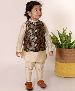 SnuggleMe Full Sleeves  Floral Motif Foil Printed Ethnic Brocade Kurta With JAcket & Pajama  Set  - Brown & Black
