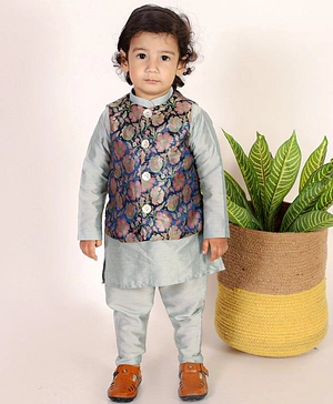SnuggleMe Full Sleeves  Floral Motif Foil Printed Ethnic Brocade Kurta With Jacket & Pajama  Set  - Blue