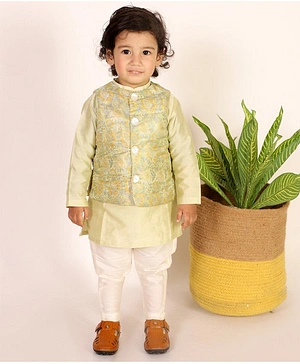 SnuggleMe Full Sleeves  Floral Motif Foil Printed Ethnic Brocade Kurta With Jacket & Pajama  Set  - Green
