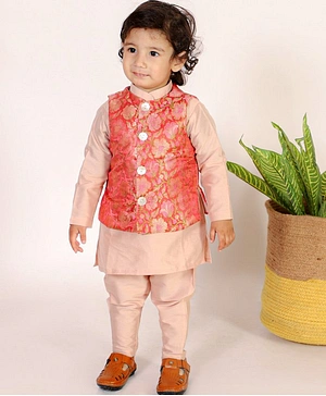 SnuggleMe Full Sleeves  Floral Motif Foil Printed Ethnic Brocade Kurta With Jacket & Pajama  Set  - Red