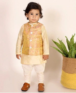 SnuggleMe Full Sleeves  Floral Motif Foil Printed Ethnic Brocade Kurta With Jacket & Pajama  Set  - Yellow