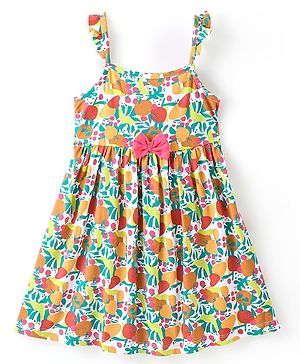 Babyhug 100% Cotton Knit Sleeveless Frock With Bow Applique Floral Print- Pink & Green