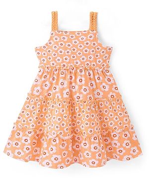 Babyhug 100% Cotton Knit Half Sleeves Frock With Floral Print - Orange