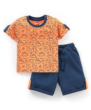 Babyhug 100% Cotton Half Sleeves T-Shirt and Shorts Dino Print - Orange