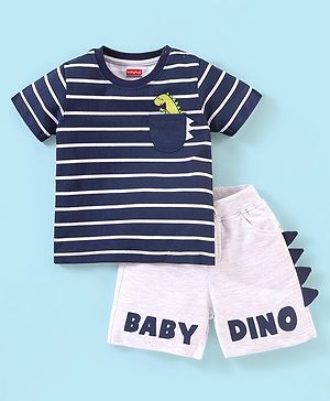 Babyhug 100% Cotton Half sleeves T-Shirt and Shorts Set Striped & Dino Printed - Blue & White