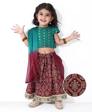 Earthy Touch 100% Cotton Knit Half Sleeves Printed Choli with Lehenga and Dupatta - Maroon & Green