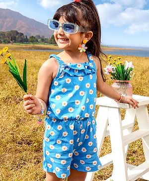 Babyhug 100% Cotton Singlet Sleeves Jumpsuit With Floral Print & Bow Applique - Blue