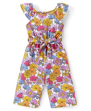 Babyhug 100% Cotton Jersey Knit Cap Sleeves Jumpsuit with Floral Print - White & Pink