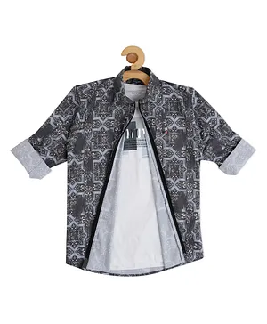CAVIO Full Sleeves Seamless Swirl Designed Tile Style Printed Zipper Shirt With Now Tee - Grey