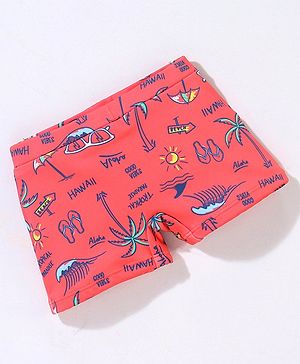 Babyhug Short Length Swimming Trunk Beach Theme Print - Red