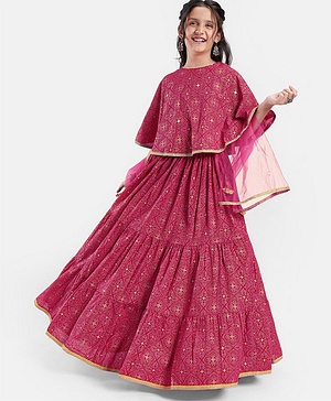 Pine Kids All Over Printed Tiered Lehenga with Cape Choli Set- Dark Pink